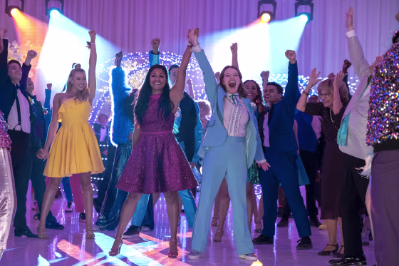 Nico Greetham as Nick, Logan Riley Hassel as Kaylee, Ariana Debose as Alyssa Greene, Andrew Rannells as Trent Oliver, Jo Ellen Pellman as Emma, Sofia Deler as Shelby, Nathaniel Potvin as Kevin, Tracey Ullman as Vera and James Corden as Barry Glickman in "The Prom" on Netflix.