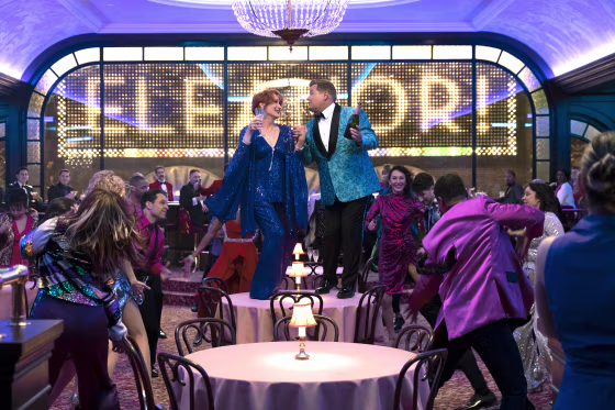 Meryl Streep as Dee Dee Allen and James Corden as Barry Glickman in "The Prom" on Netflix.