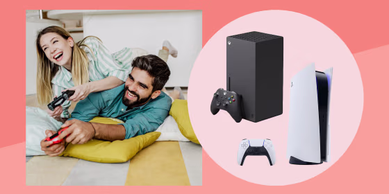 Couple playing with video game controllers and cut out images of Xbox Series X and Playstation 5
