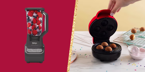 Illustration of Ninja Blender filled with fruit and Bella Mini Cake Pop Maker