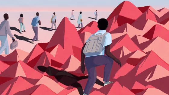 Illustration of man in backpack climbing mountains by himself. Other students in the distance walk on flat ground.