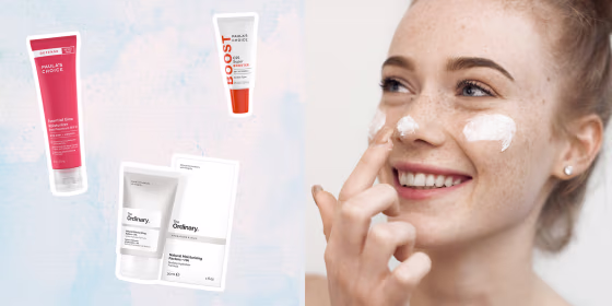 Illustration of 4 skincare products and women rubbing lotion on her face