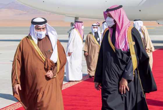 Image: Crown Prince Mohammed bin Salman (R) welcoming Bahrain's King Hamad bin Isa Al-Khalifa upon his arrival in the city of al-Ula in northwestern Saudi Arabia for the 41st Gulf Cooperation Council