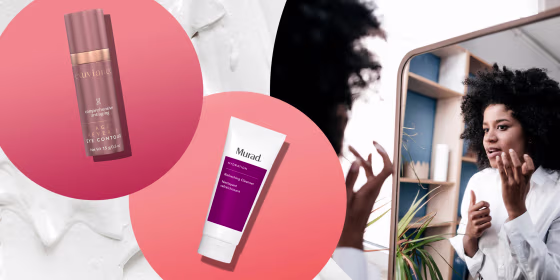 Illustration of beauty products on sale from Ulta and a women putting it on her face while looking in mirror