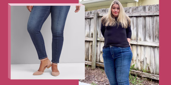 Illustration of Terri Peters wearing Lane Bryant jeans and the jeans on model on website