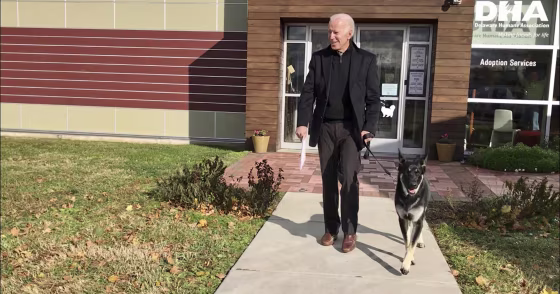 Joe Biden and his newly adopted German shepherd, Major, at the Delaware Humane Association in Wilmington in 2018.