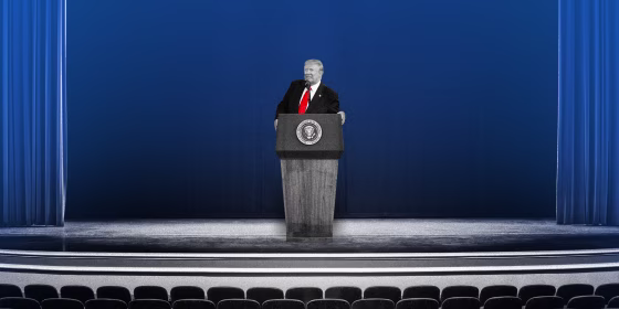 Image: Illustration of Donald Trump speaking to an empty auditorium.