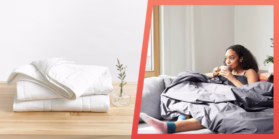 Illustration of a Baloo weighted comforter and a Woman wrapped in Baloo weighted comforter. Shop the best weighted comforters and weighted blankets of 2021 from top-rated brands, like Tranquility, Bearaby, Baloo. Shop sleep expert recommended products.