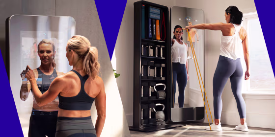 Illustration of a woman using her touch screen Nordictrack Vault and woman using bands on a workout class on her Nordictrack Vault. Best smart mirrors of 2021 also include Mirror, Tonal, Tempo, Echelon, NordicTrack and more.