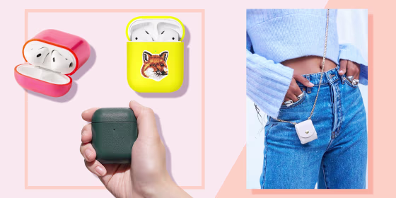 Illustration of three different airpod cases and a woman wearing a stylish airpod chain case