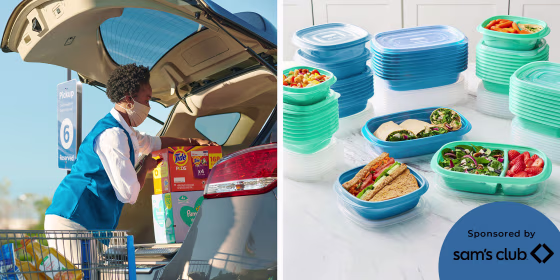 Illustration of Sam's Club shopper loading a trunk with products and reusable Tupperware from Sam's Club