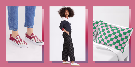 Illustration of Vans Classic Slip-On Core Classics, Madewell Huston Button-Front Ankle Pants in Checked Corduroy and Cotton Candy Pink and Cadmium Green Checkerboard Pillow Sham