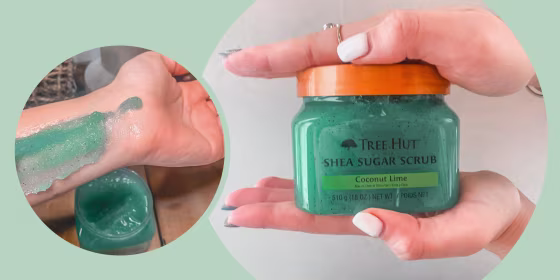 Illustration of Casey DelBasso rubbing TreeHut body scrub on her arm and holding the bottle