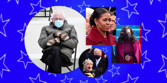 Image: Memes show Bernie Sanders wearing mittens, Michelle Obama's inauguration outfit, and Joe Biden gazing at Lady Gaga.