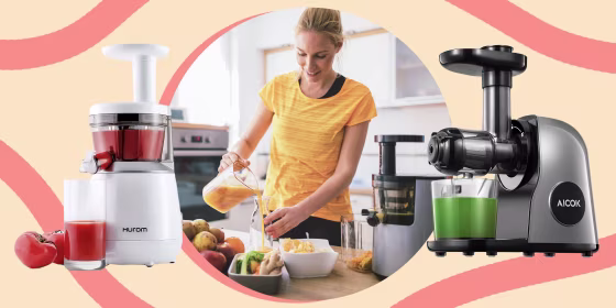 Collage of juicers and woman using one