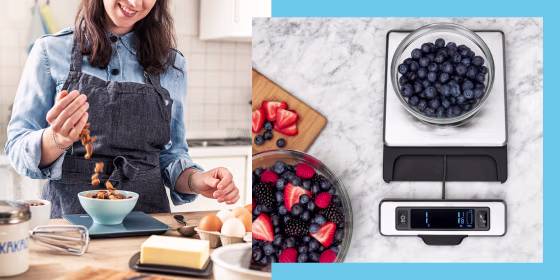 Illustration of a woman weighing food on her food scale and a OXO Good Grips 11-Pound Stainless Steel Food Scale