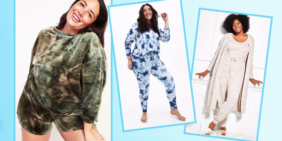 Illustration of the Eloquii Soft Knit Jumpsuit, Old Navy Cozy Velour plus-size Lounge Sweatshirt, and Mid-Rise Cozy Velour Lounge Shorts and the Torrid Navy Tie-Dye Micro loungewear