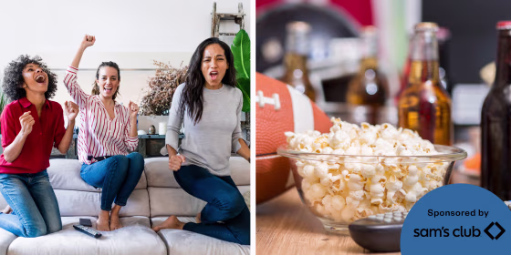 Image of roommates watching the Superbowl and an image of a football, beers, remote and popcorn to watch the Superbowl