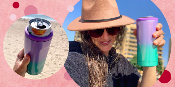 Illustration of Katie Jackson holding the BruMate Hopsulator Slim on the beach and BruMate Hopsulator Slim with a coke inside it