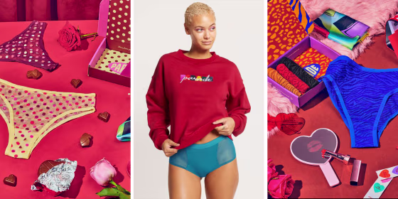 Illustration of a variety of Parade Underwear and a woman wearing IParade Underwear
