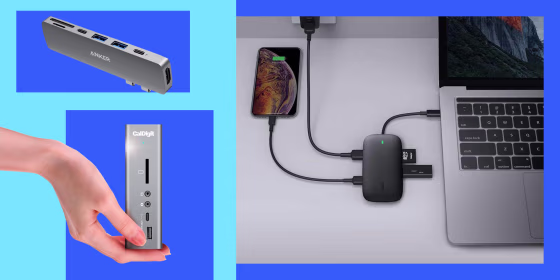 Illustration of a USB Hub with a AUKEY USB C Hub 8-in-1, Anker PowerExpand and someone holding a CalDigit TS3 Plus Thunderbolt 3 Dock