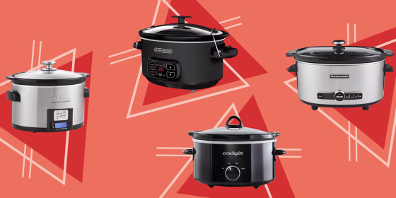 Illustration of a KitchenAid 6-Quart Slow Cooker with Glass Lid, Cuisinart 3.5 Quart Programmable Slow Cooker, Black + Decker 7-Quart Locking Lid Digital Slow Cooker and a Crock-Pot 4-Quart Classic Slow Cooker in Black
