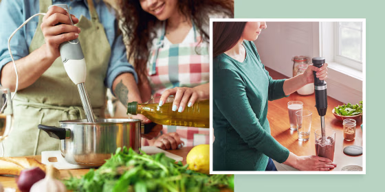Illustration of a couple cooking in a pot with an immersion blender and a woman blending a smoothie with her immersion blender