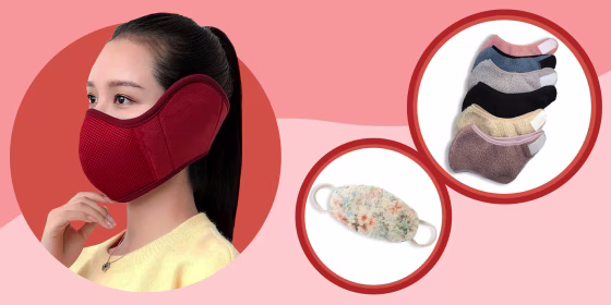 Illustration of Ear Muff Face Mask, Warm Face Masks from Etsy and an Anthropologie Sherpa Ear Loop Reusable Face Mask