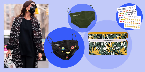 Illustration of Emily Ratajkowski wearing an EvolveTogether black facemark and EvolveTogether masks and stickers. Jusitn Bieber, Bella Hadid, Katie Holmes, Hailey Bieber, Jennifer Lopez and more celebrities wear Evolvetogether face masks. Best kids masks.