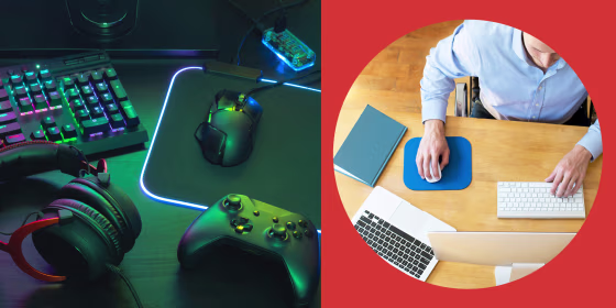 Illustration of gaming set up with a computer mouse, gaming controller and headphones, and a man working at his desk using his mousepad