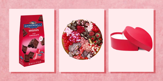 Collage of chocolates and heart shaped products on pink background