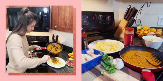 Collage of woman cooking pasta with ingredients