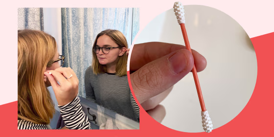 Collage of woman looking in the mirror using ear swab and a hand holding the swab
