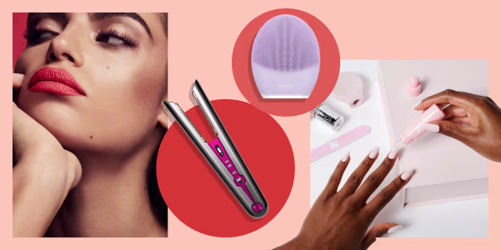 Illustration of Olive and June The Mani System, Dyson Corrale Hair Straightener that comes as a gift set, FOREO LUNA 3 in pink and a woman wearing Fenty Beauty Stunna Boss Bolds lipstick. Valentine's Day beauty gifts for her include Pillow Talk lipstick.
