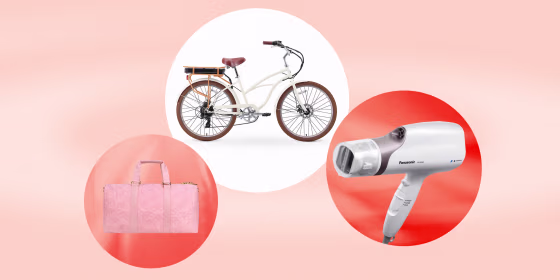 Illustration shows a bike, a duffle bag and a hair dryer in peach and orange circles. Coronavirus shopping. Best new products of February 2021 include PopSocket, Panasonic, Simple Human, Stoney Clover Lane, Osprey, Jinx dog food, electric bikes and more.