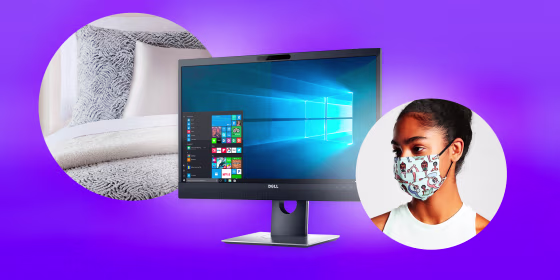 Image: Illustration shows a duvet and sham cover, a computer monitor and a woman wearing a face mask.