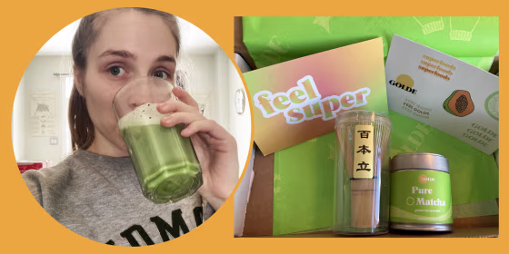 Collage of woman drinking matcha tea on yellow background