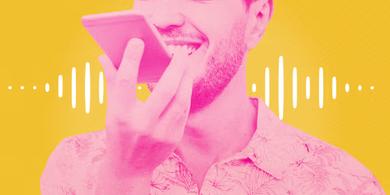 Image: Illustration shows a man speaking into a phone with audio waves behind him.