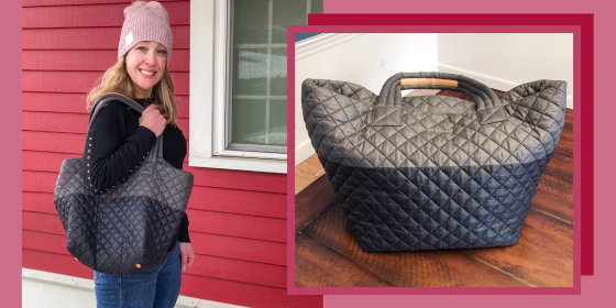 Illustration of Rachel Abrahamson holding the MZ Wallace Metro Tote and the MZ Wallace Metro Tote
