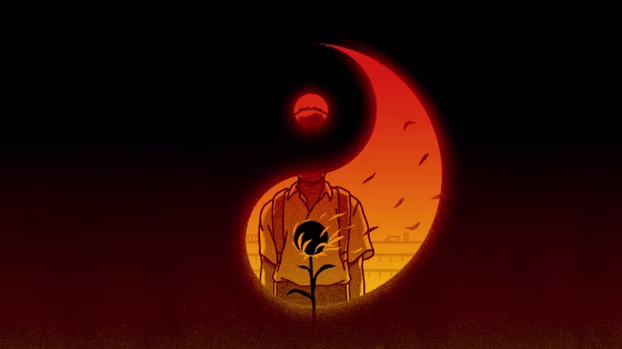 Illustration of boy standing inside the yin and yang symbol, as the yin side of the symbol engulfs the frame.
