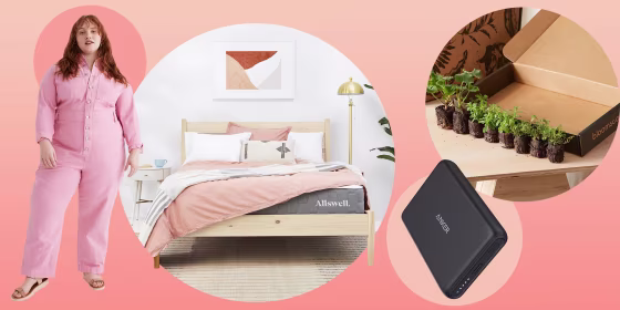 Illustration of an Anker PowerCore Magnetic 5K, Madewell x Issa Rae pink jumpsuit on model, Allswell The Brink mattress, and Bloomscape debuts outdoor plant collection