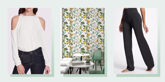 Illustration of State Cold Shoulder Top, Removable Scandinavian Wallpaper and Women's Nike Dri-FIT Power Training Pants