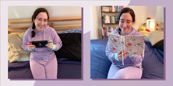 Illustration of Abigail Barr in 2 photos, wearing a purple sweater and sweatpant Jambys set, while playing on her Nintendo switch and reading a book