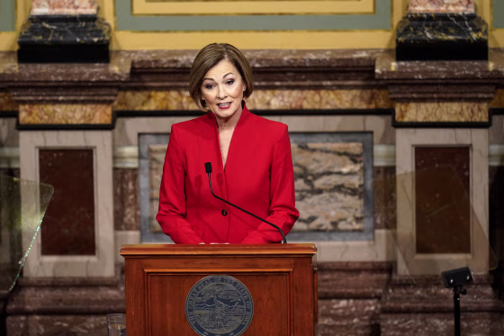 Iowa Gov. Kim Reynolds delivers her Condition of the State address before a joint session of the Iowa Legislature on Jan. 12, 2021