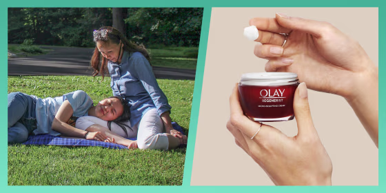 Illustration of Kala Herh and her mom wearing the olay regenerist cream and a bottle of the olay regenerist cream