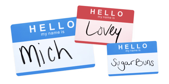 Image: Illustration of \"Hello my name is\" tags with Mich, Lovey and Sugar Buns written.