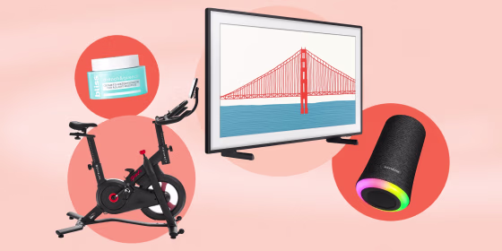 Illustration of Echelon Connect Sport-S Indoor Cycling Exercise Bike, Bliss Drench & Quench Moisturizer, The Frame QLED 4K Smart TV and Anker Soundcore Waterproof Speaker