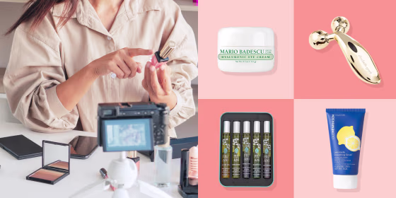 Illustration of a Woman filming a video about a makeup and skincare tutorial and Ole Henriksen Lemonade Smoothing Scrub, Mario Badescu Caffeine Eye Cream, Elizabeth Grant Uplift Roller and Pili Ani Essential Oil Blend 5-Piece Kit