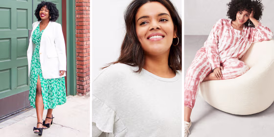 Illustration of three woman wearing different plus-size outfits from Loft