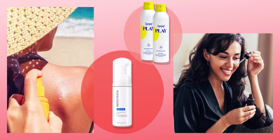 Illustration of a Woman having sun tan lotion sprayed on her back, a Woman applying serum on her face, NeoStrata Foaming Glycolic Wash and Supergoop! PLAY Antioxidant-Infused Body Mist